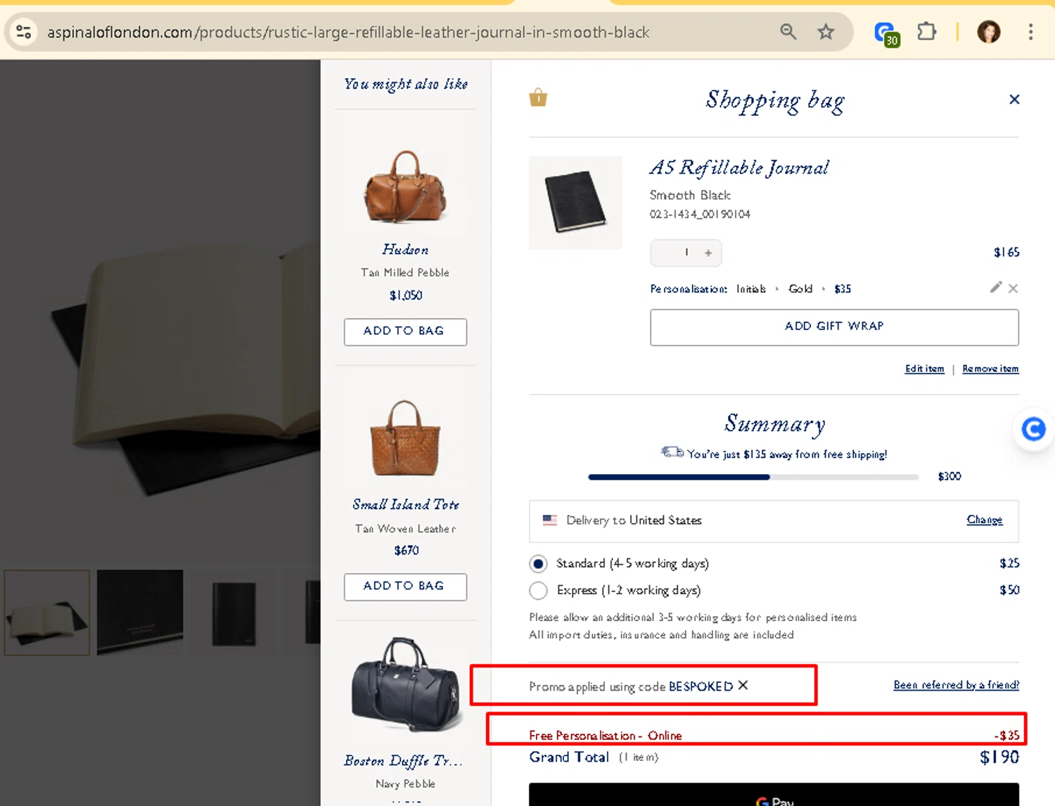 Aspinal of London discount code screenshot showing code BESPOKED applied at Aspinal of London checkout page. Uploaded by SimplyCodes community member AMANDA2681 on Aug 9, 2025