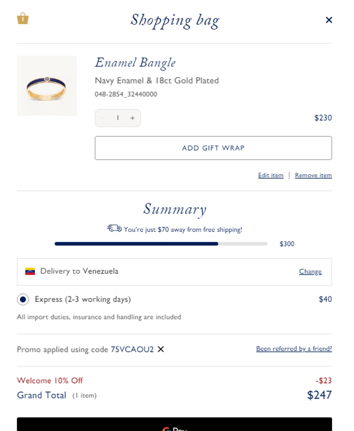 Aspinal of London discount code screenshot showing code 75vcaou2 applied at Aspinal of London checkout page. Uploaded by SimplyCodes community member Lyn1991 on Aug 25, 2025