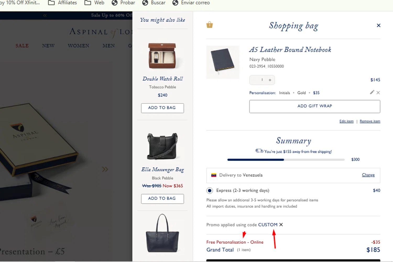 Aspinal of London discount code screenshot showing code CUSTOM applied at Aspinal of London checkout page. Uploaded by SimplyCodes community member carlosrivero on Jul 16, 2025