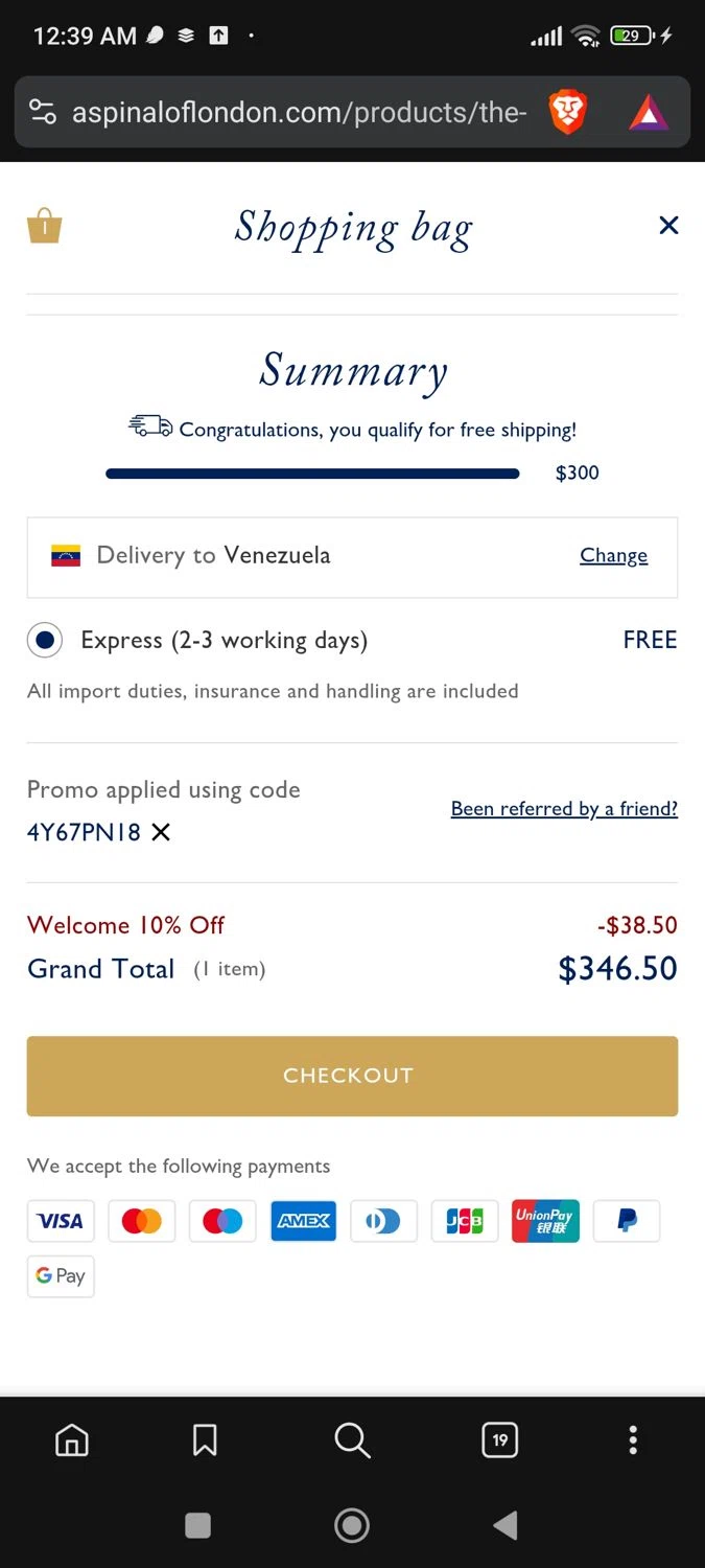 Aspinal of London discount code screenshot showing code 4Y67PN18 applied at Aspinal of London checkout page. Uploaded by SimplyCodes community member josegarcia6 on Aug 25, 2025