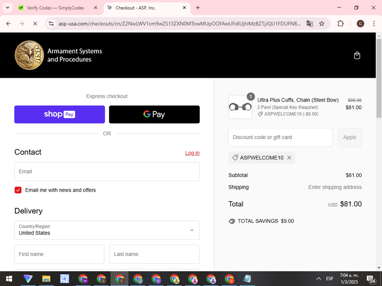 ASP Law Enforcement promo code screenshot showing code ASPWELCOME10 applied at ASP Law Enforcement checkout page. Uploaded by SimplyCodes community member WonderCurator7831 on Mar 1, 2025