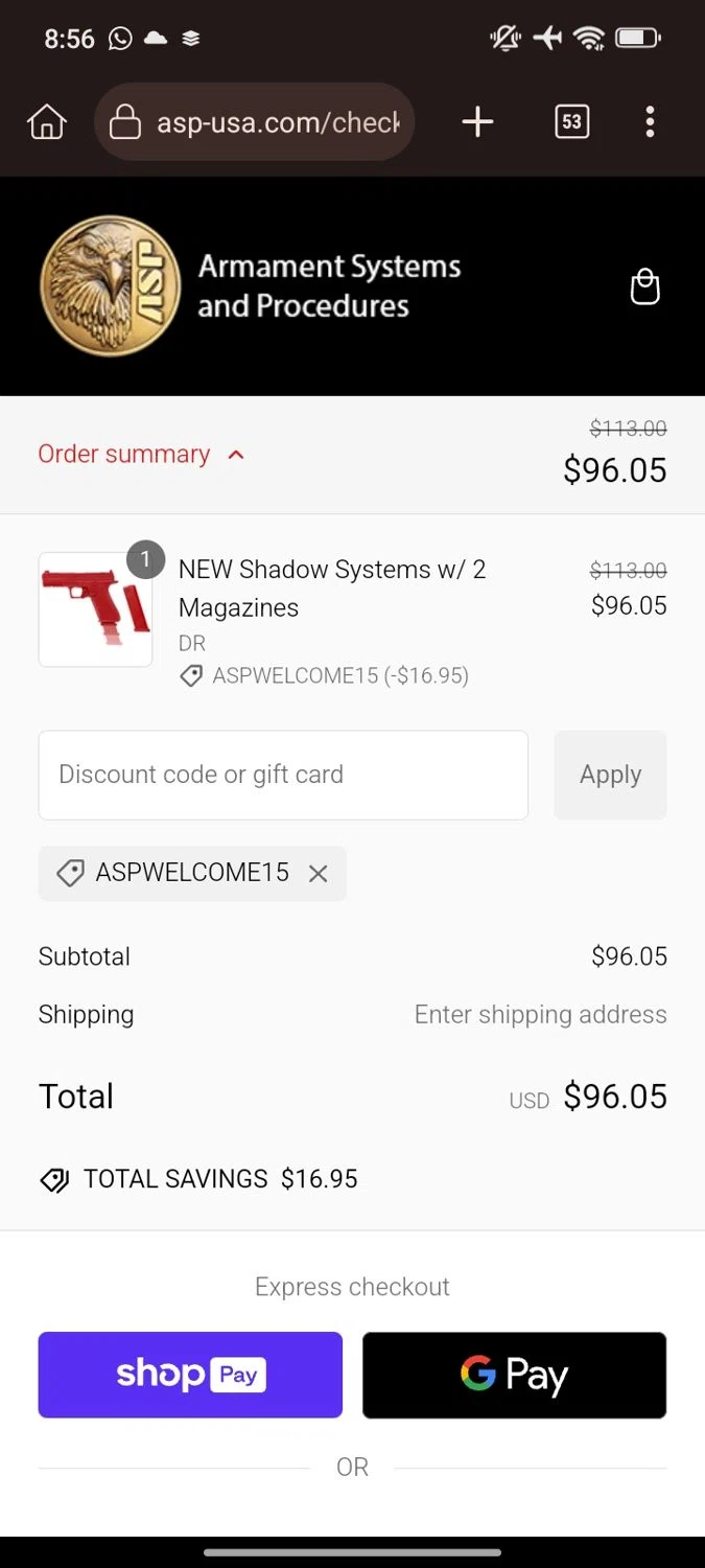 ASP Law Enforcement promo code screenshot showing code ASPWELCOME15 applied at ASP Law Enforcement checkout page. Uploaded by SimplyCodes community member Juan_collug on Dec 27, 2024
