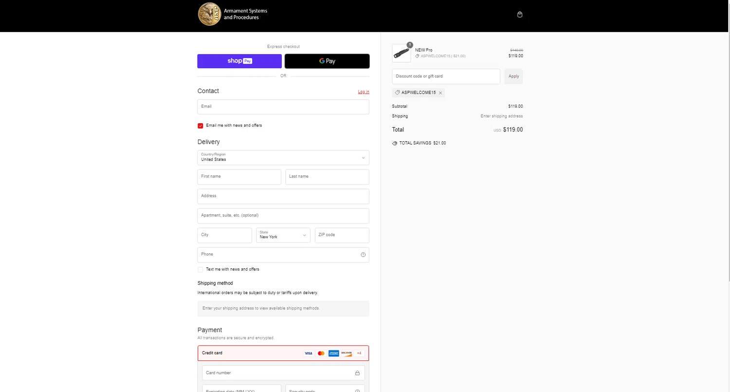 ASP Law Enforcement promo code screenshot showing code ASPWELCOME15 applied at ASP Law Enforcement checkout page. Uploaded by SimplyCodes community member josesanchez10 on Jan 15, 2025