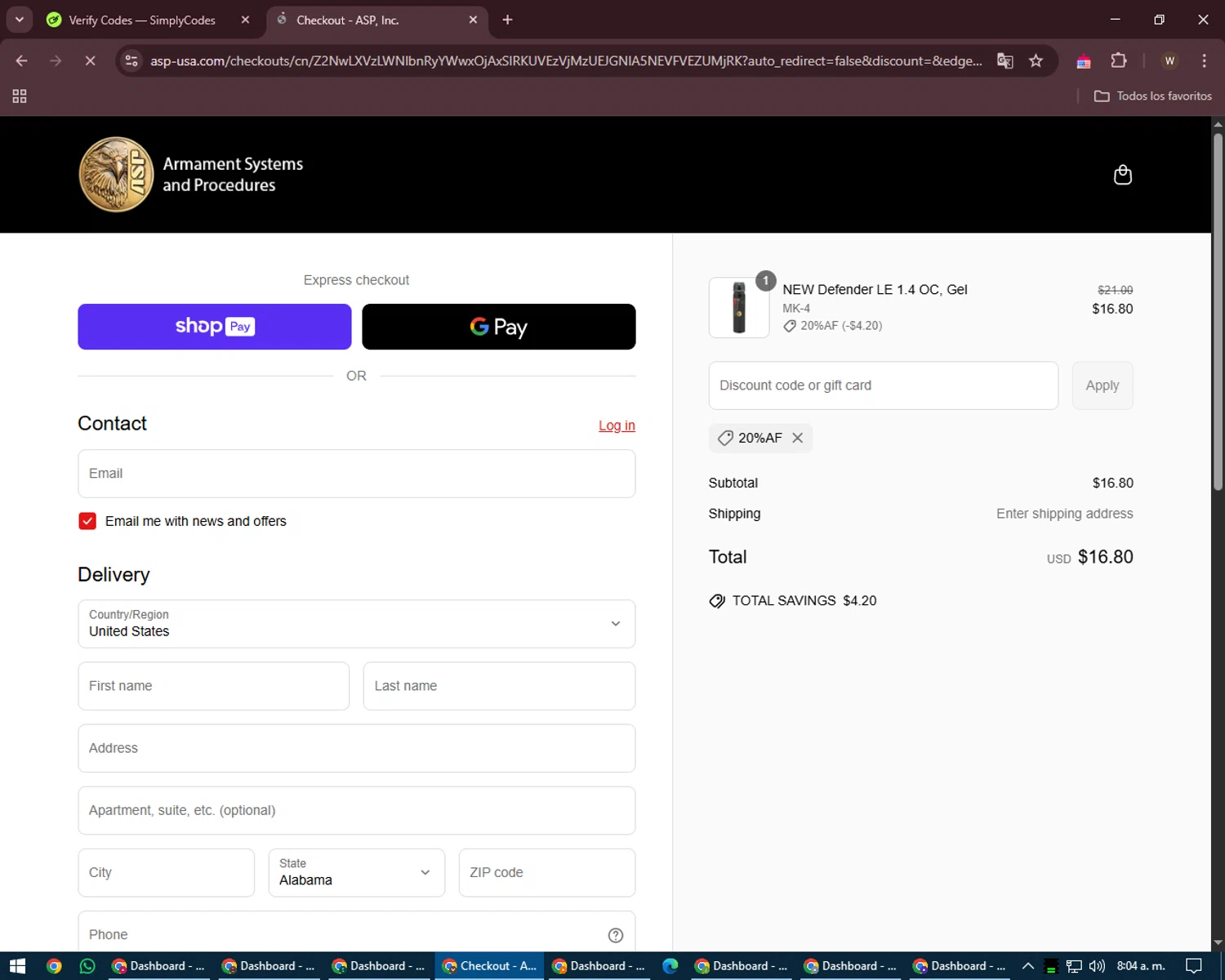 ASP Law Enforcement promo code screenshot showing code 20%AF applied at ASP Law Enforcement checkout page. Uploaded by SimplyCodes community member DealMaestro2101 on May 6, 2025