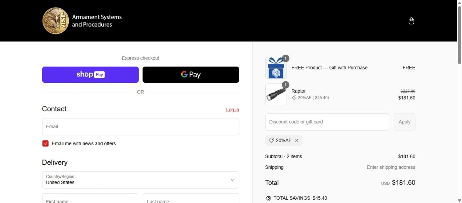 ASP Law Enforcement promo code screenshot showing code 20%AF applied at ASP Law Enforcement checkout page. Uploaded by SimplyCodes community member EpicVirtuoso478 on Mar 8, 2025