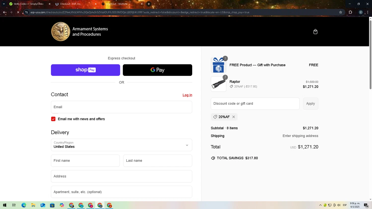 ASP Law Enforcement promo code screenshot showing code 20%AF applied at ASP Law Enforcement checkout page. Uploaded by SimplyCodes community member 27zxbr on Mar 10, 2025
