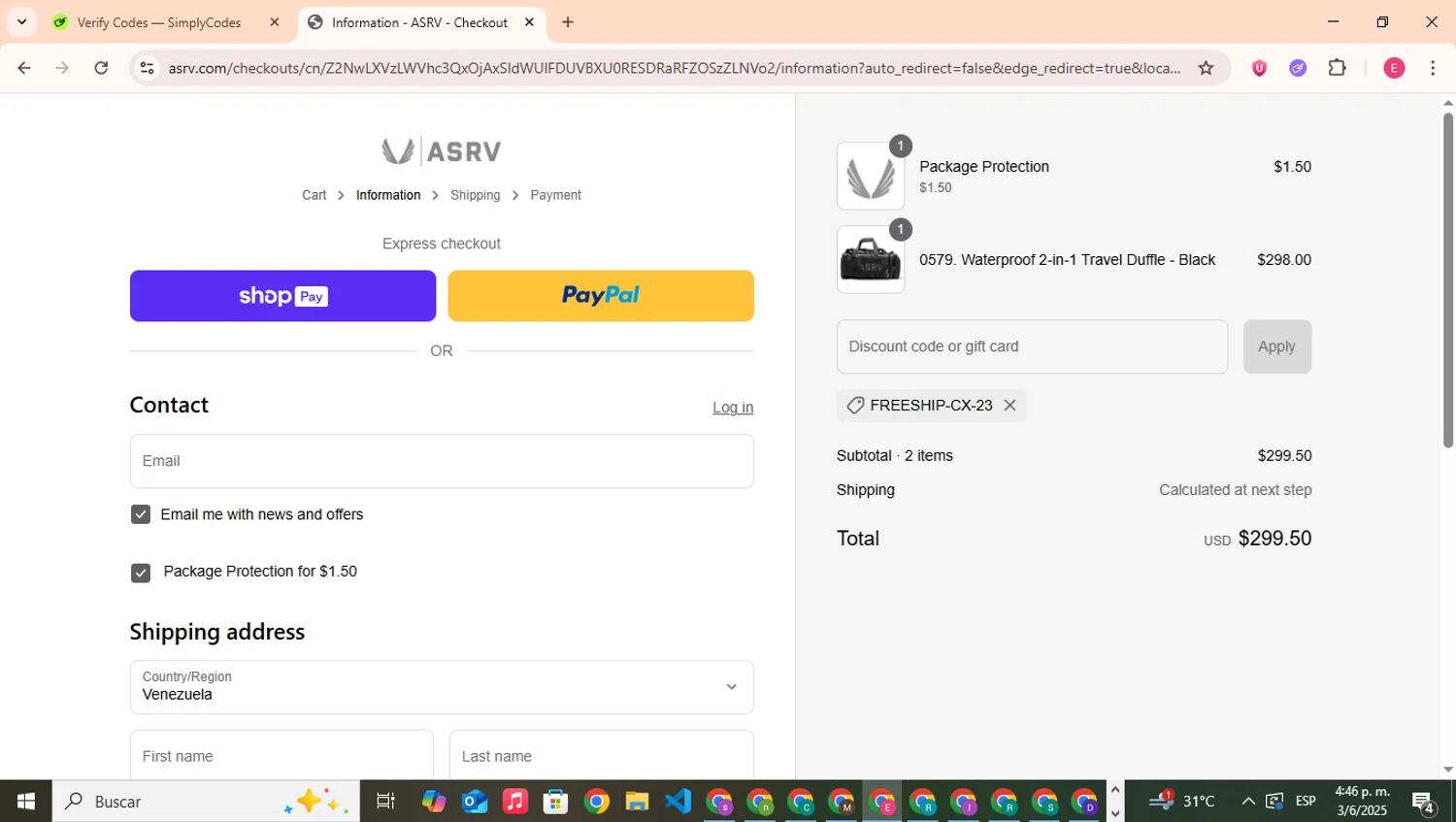 ASRV discount code screenshot showing code FREESHIP-CX-23 applied at ASRV checkout page. Uploaded by SimplyCodes community member CouponHero7312 on Jun 3, 2025