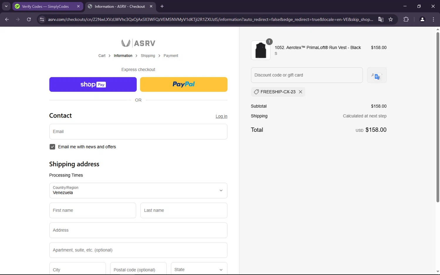 ASRV discount code screenshot showing code FREESHIP-CX-23 applied at ASRV checkout page. Uploaded by SimplyCodes community member TRIPPIEREDD17 on Apr 7, 2025