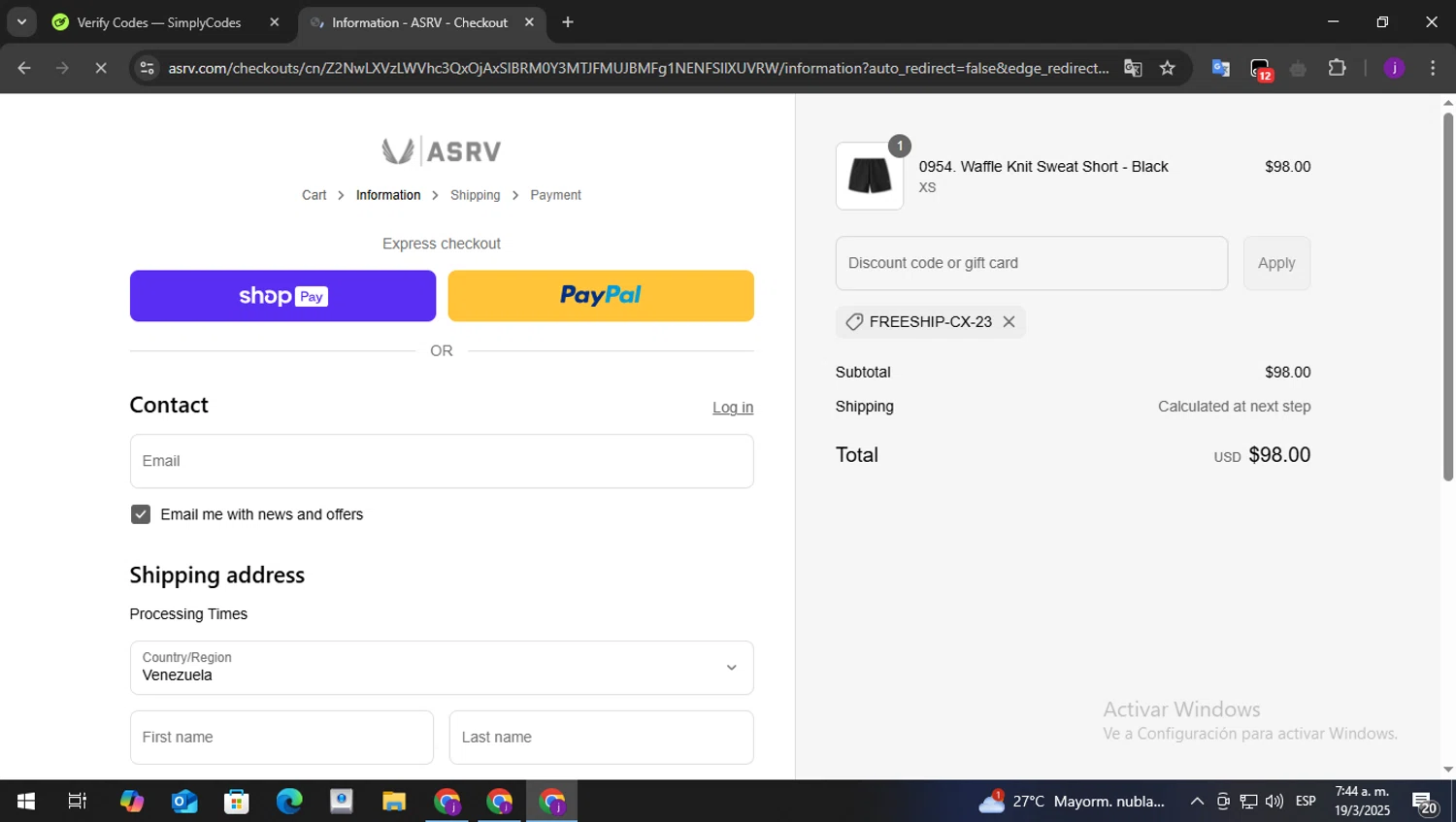 ASRV discount code screenshot showing code FREESHIP-CX-23 applied at ASRV checkout page. Uploaded by SimplyCodes community member perry1 on Mar 19, 2025