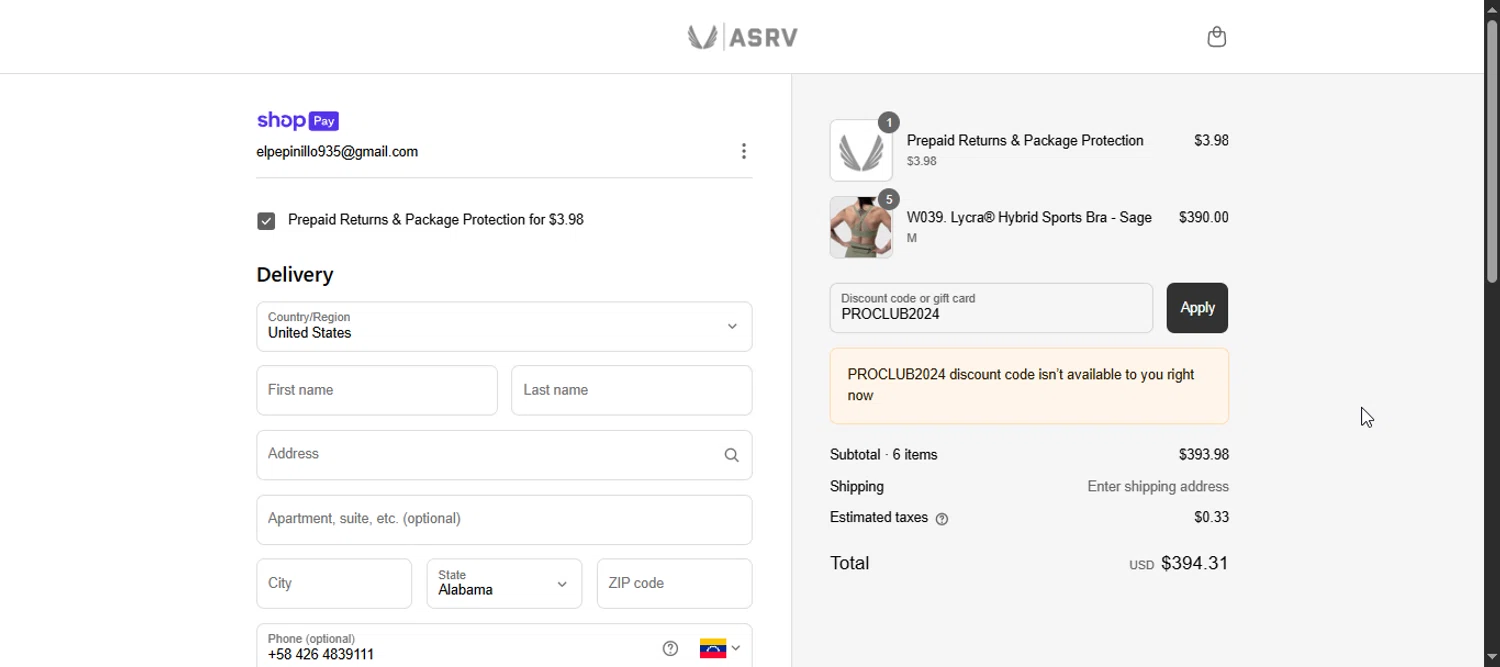 ASRV discount code screenshot showing code PROCLUB2024 applied at ASRV checkout page. Uploaded by SimplyCodes community member Enmanuel99 on Jul 2, 2025