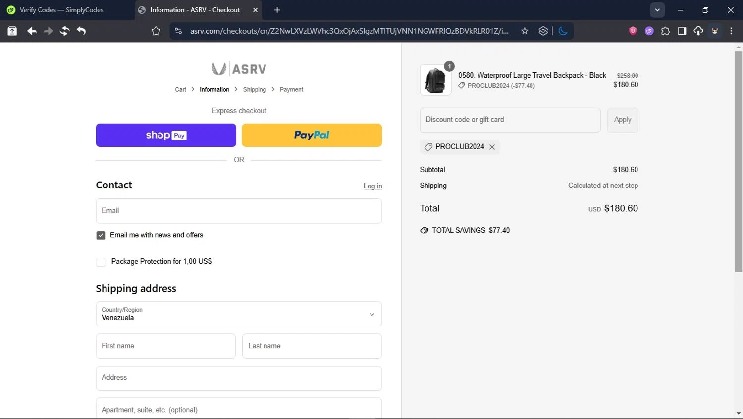ASRV discount code screenshot showing code PROCLUB2024 applied at ASRV checkout page. Uploaded by SimplyCodes community member LegendaryCollector6259 on Jun 6, 2025