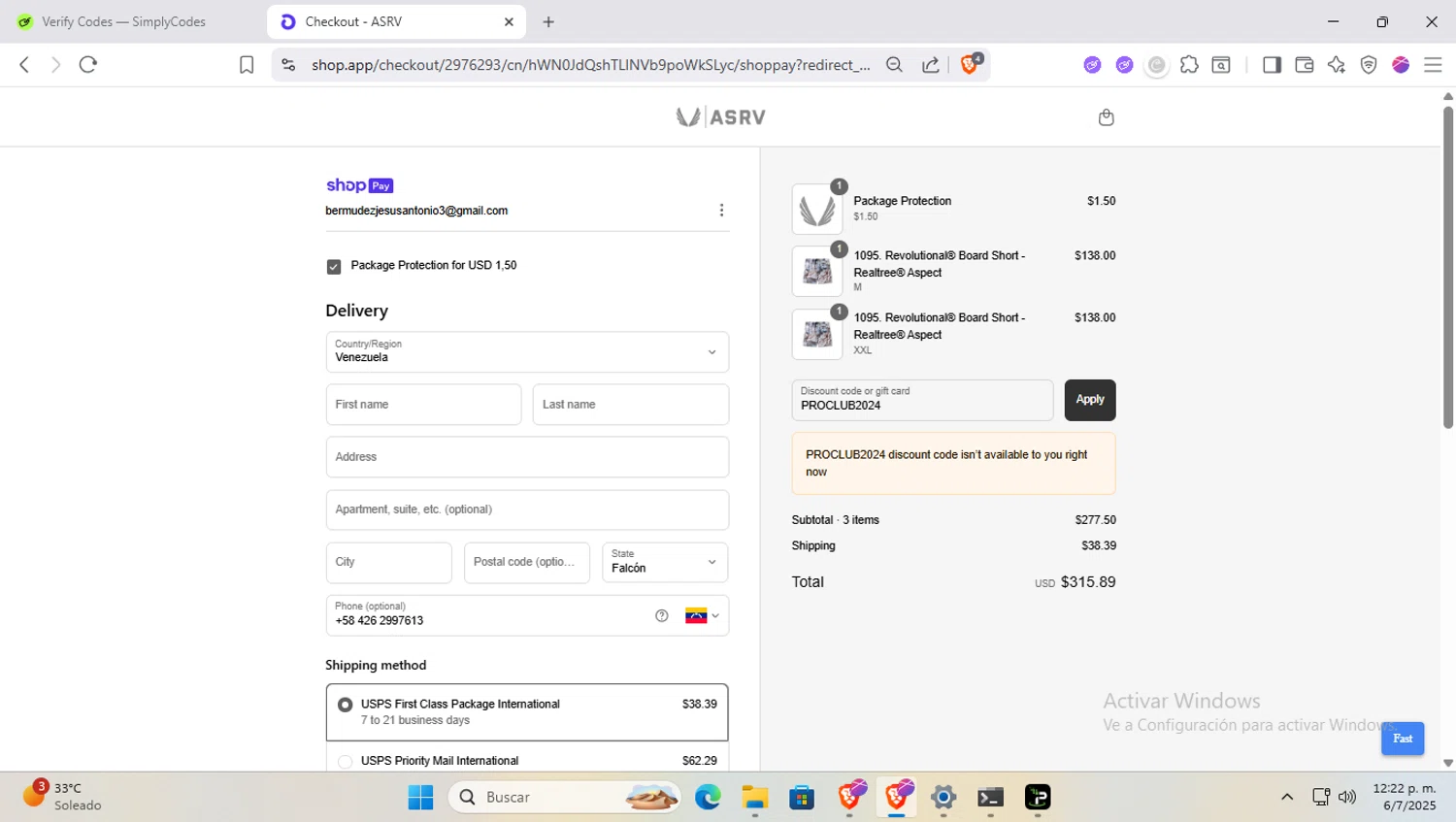 ASRV discount code screenshot showing code PROCLUB2024 applied at ASRV checkout page. Uploaded by SimplyCodes community member SapeGato on Jul 6, 2025