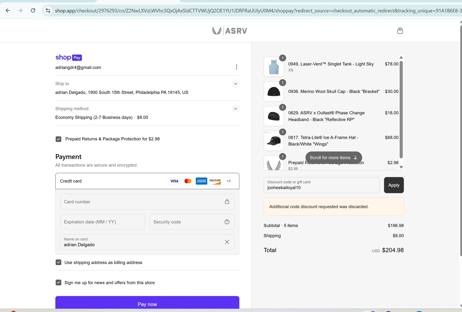 ASRV discount code screenshot showing code jooheebailoyal10 applied at ASRV checkout page. Uploaded by SimplyCodes community member AGDR28 on May 28, 2025