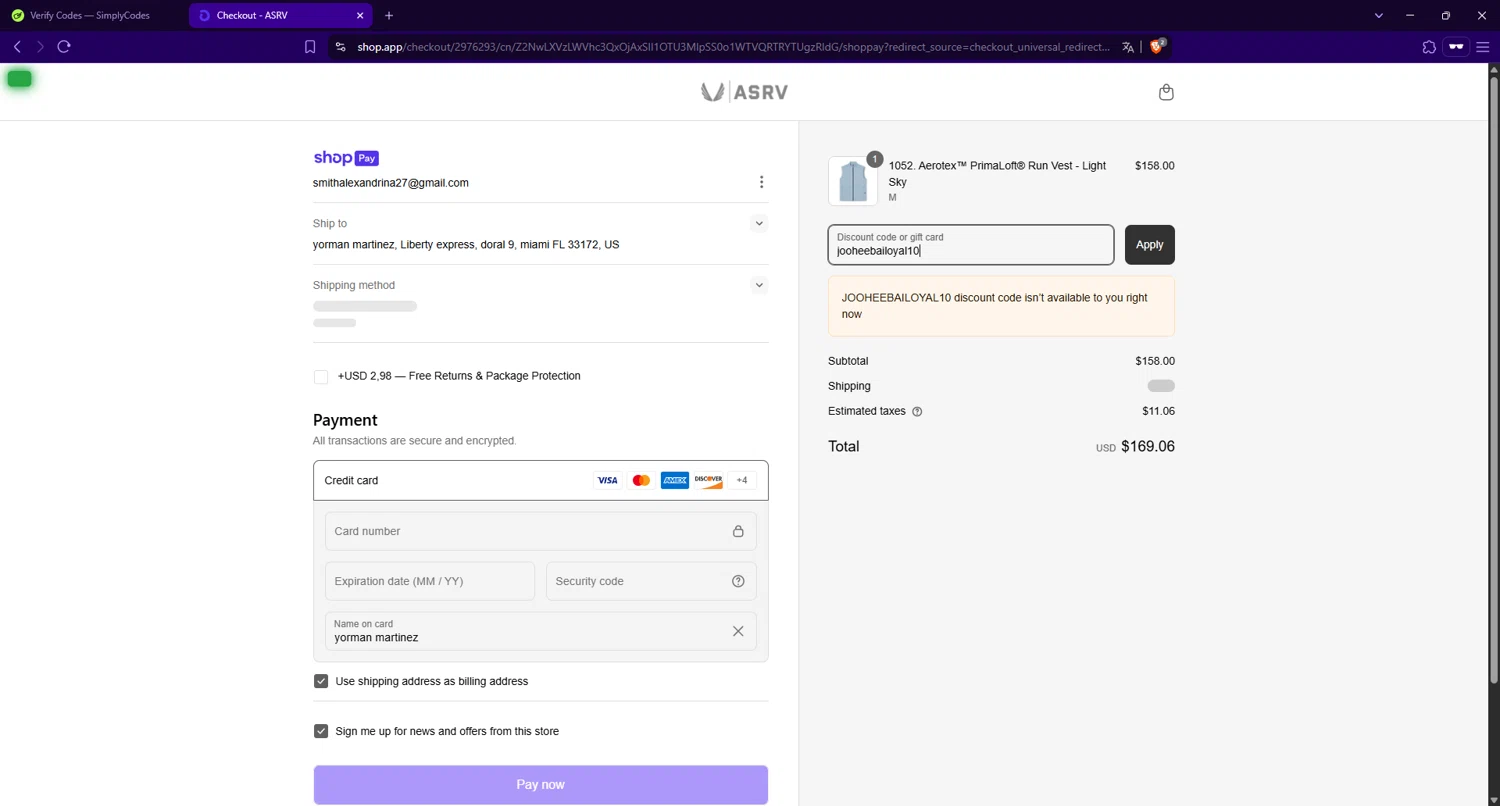 ASRV discount code screenshot showing code jooheebailoyal10 applied at ASRV checkout page. Uploaded by SimplyCodes community member PHYSICALTHERAPY on Apr 6, 2025