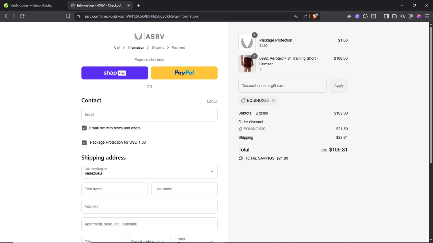 ASRV discount code screenshot showing code EQUINOX20 applied at ASRV checkout page. Uploaded by SimplyCodes community member Morrachida04 on Jul 25, 2025