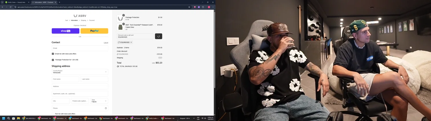 ASRV discount code screenshot showing code EQUINOX20 applied at ASRV checkout page. Uploaded by SimplyCodes community member TreasureWarden457 on Aug 9, 2025