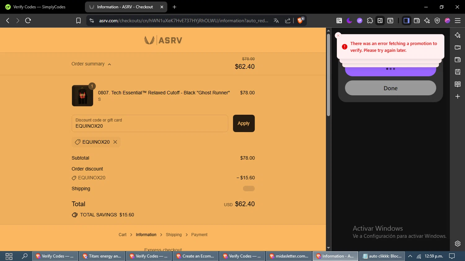 ASRV discount code screenshot showing code EQUINOX20 applied at ASRV checkout page. Uploaded by SimplyCodes community member maximoarquimedes on Aug 17, 2025