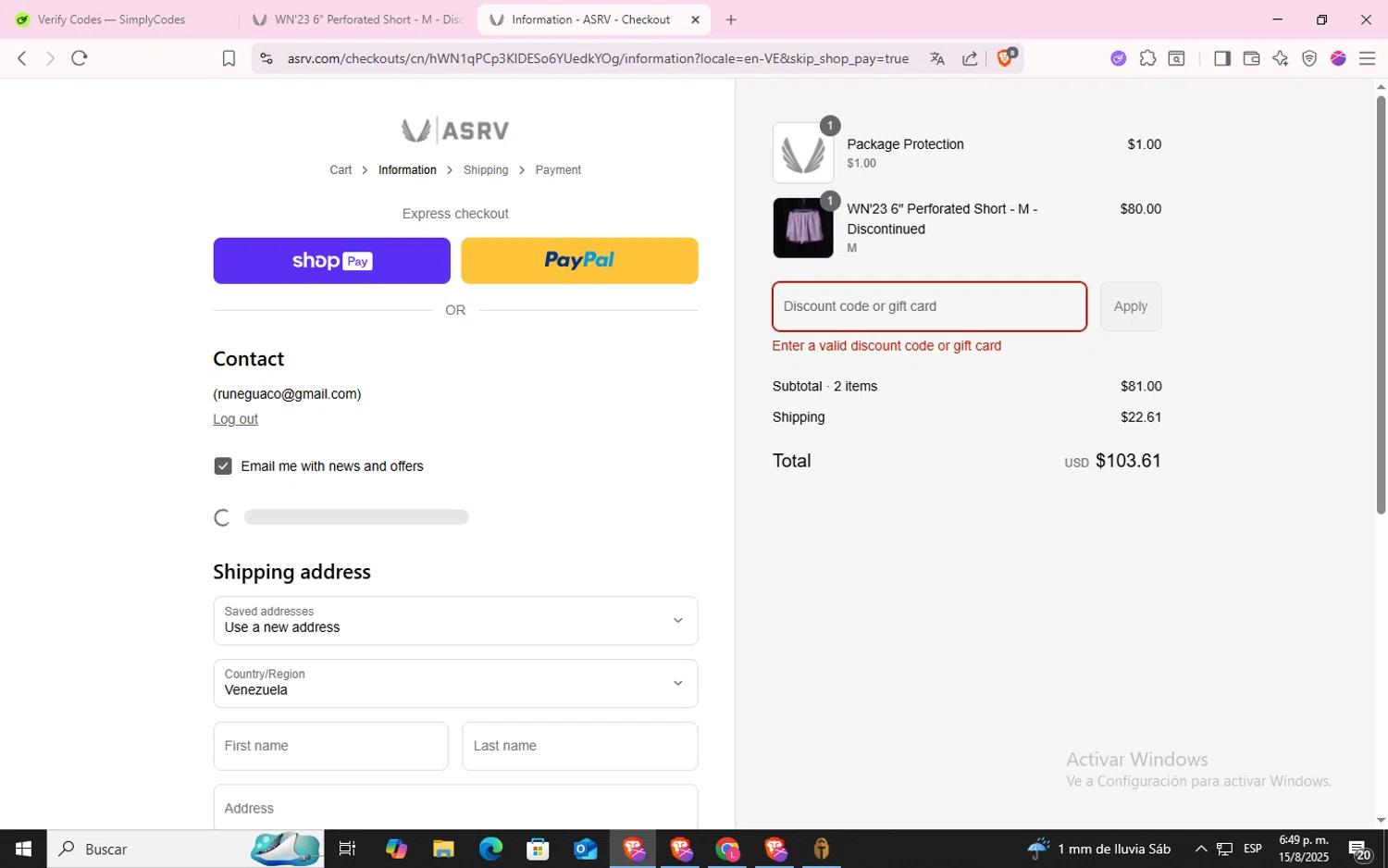 ASRV discount code screenshot showing code PROCLUB2025 applied at ASRV checkout page. Uploaded by SimplyCodes community member CodeLynx5272 on Aug 15, 2025