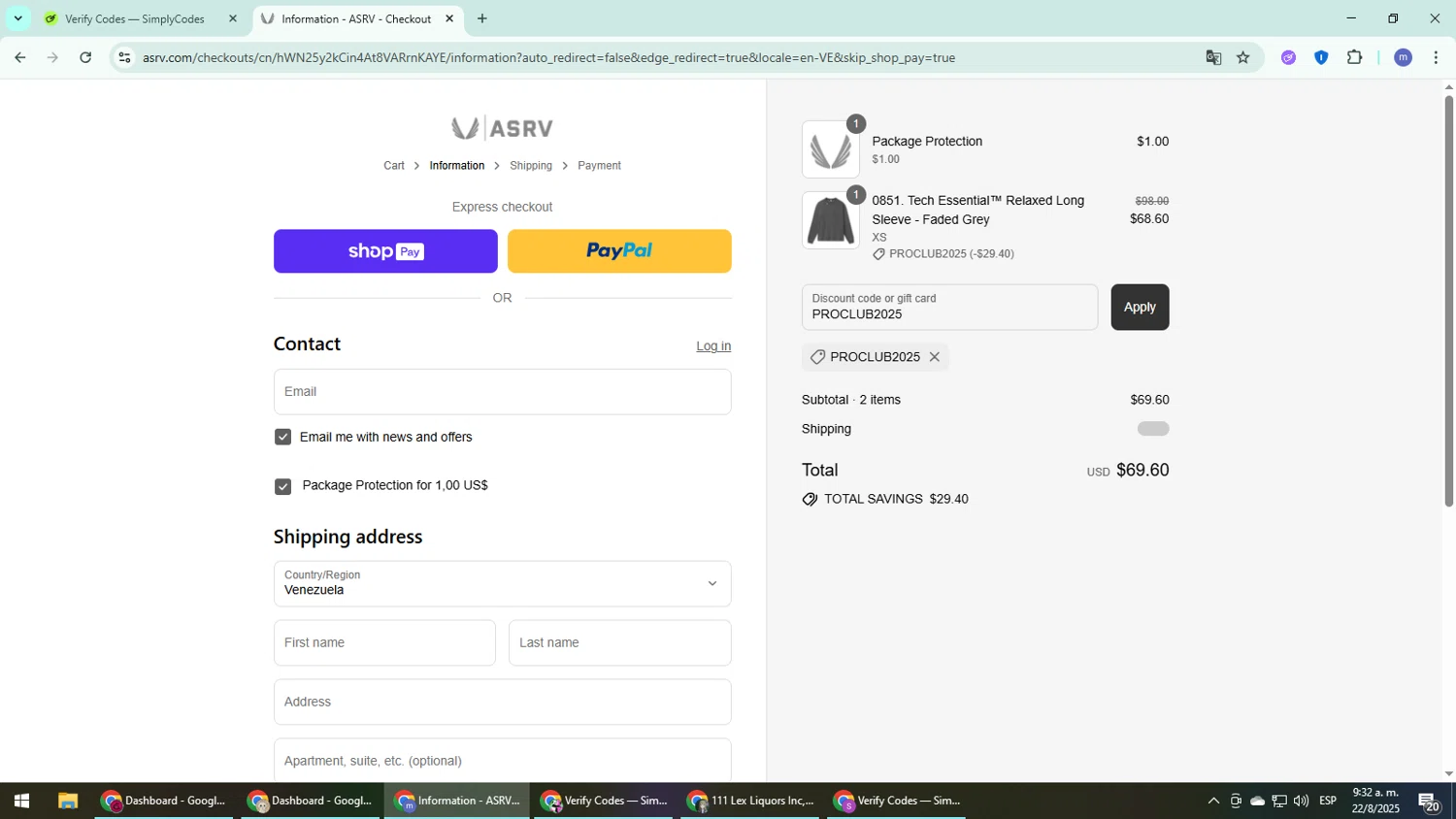 ASRV discount code screenshot showing code PROCLUB2025 applied at ASRV checkout page. Uploaded by SimplyCodes community member QuestDefender2661 on Aug 22, 2025