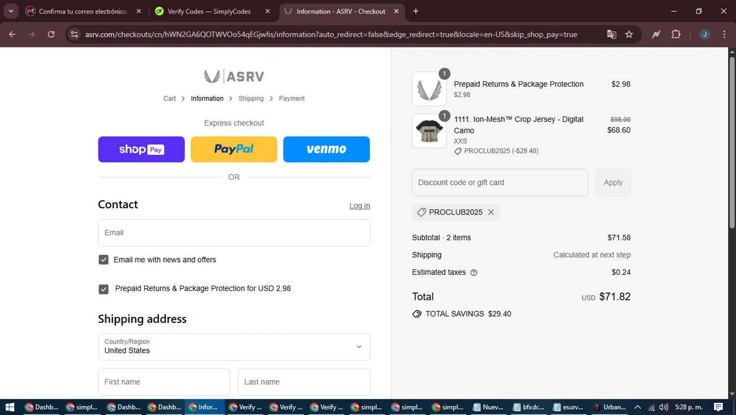 ASRV discount code screenshot showing code PROCLUB2025 applied at ASRV checkout page. Uploaded by SimplyCodes community member ScanLynx8928 on Aug 26, 2025