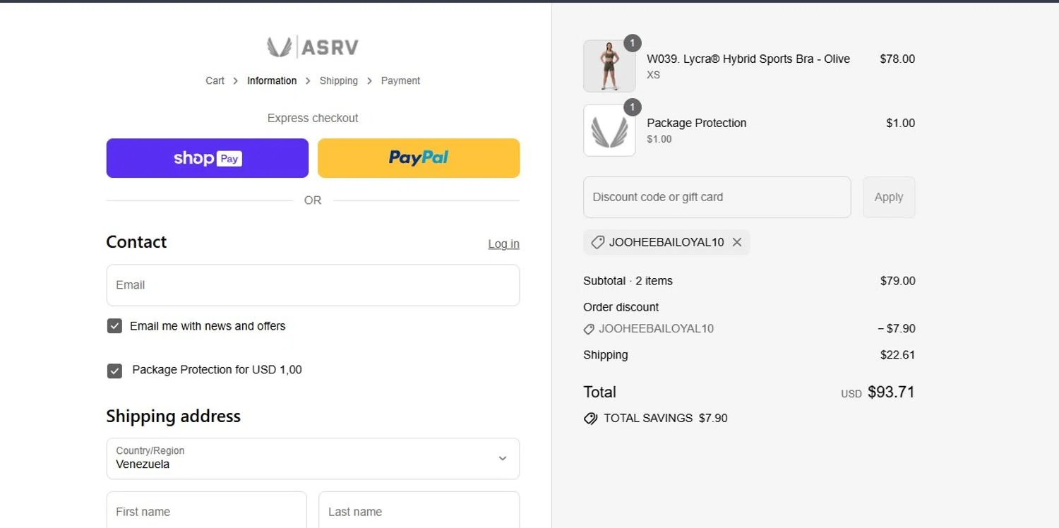 ASRV discount code screenshot showing code jooheebailoyal10 applied at ASRV checkout page. Uploaded by SimplyCodes community member angelfigueroa2008 on Aug 22, 2025
