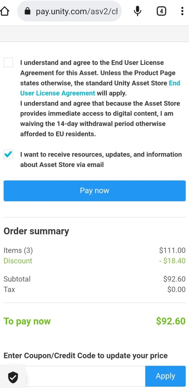 Unity Asset Store checkout page showing Unity Asset Store promo code box | Screenshot taken by SimplyCodes community member on Aug 10, 2022