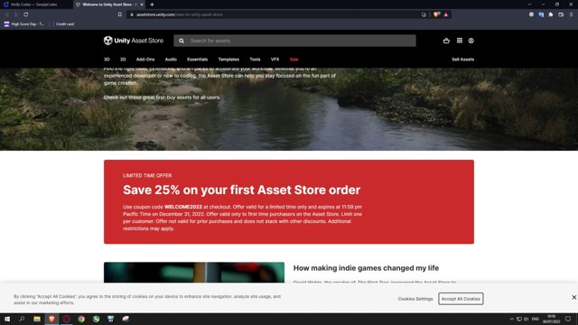 Unity Asset Store checkout page showing Unity Asset Store promo code box | Screenshot taken by SimplyCodes community member on Jul 30, 2022