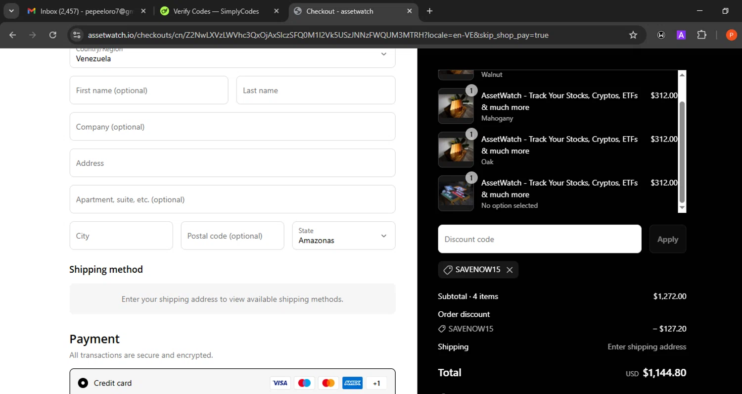 assetwatch promo code screenshot showing code SAVENOW15 applied at assetwatch checkout page. Uploaded by SimplyCodes community member Eminem on May 25, 2025