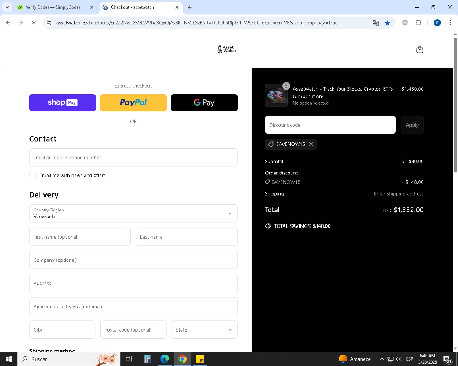assetwatch promo code screenshot showing code SAVENOW15 applied at assetwatch checkout page. Uploaded by SimplyCodes community member GoldSaver5472 on Mar 28, 2025