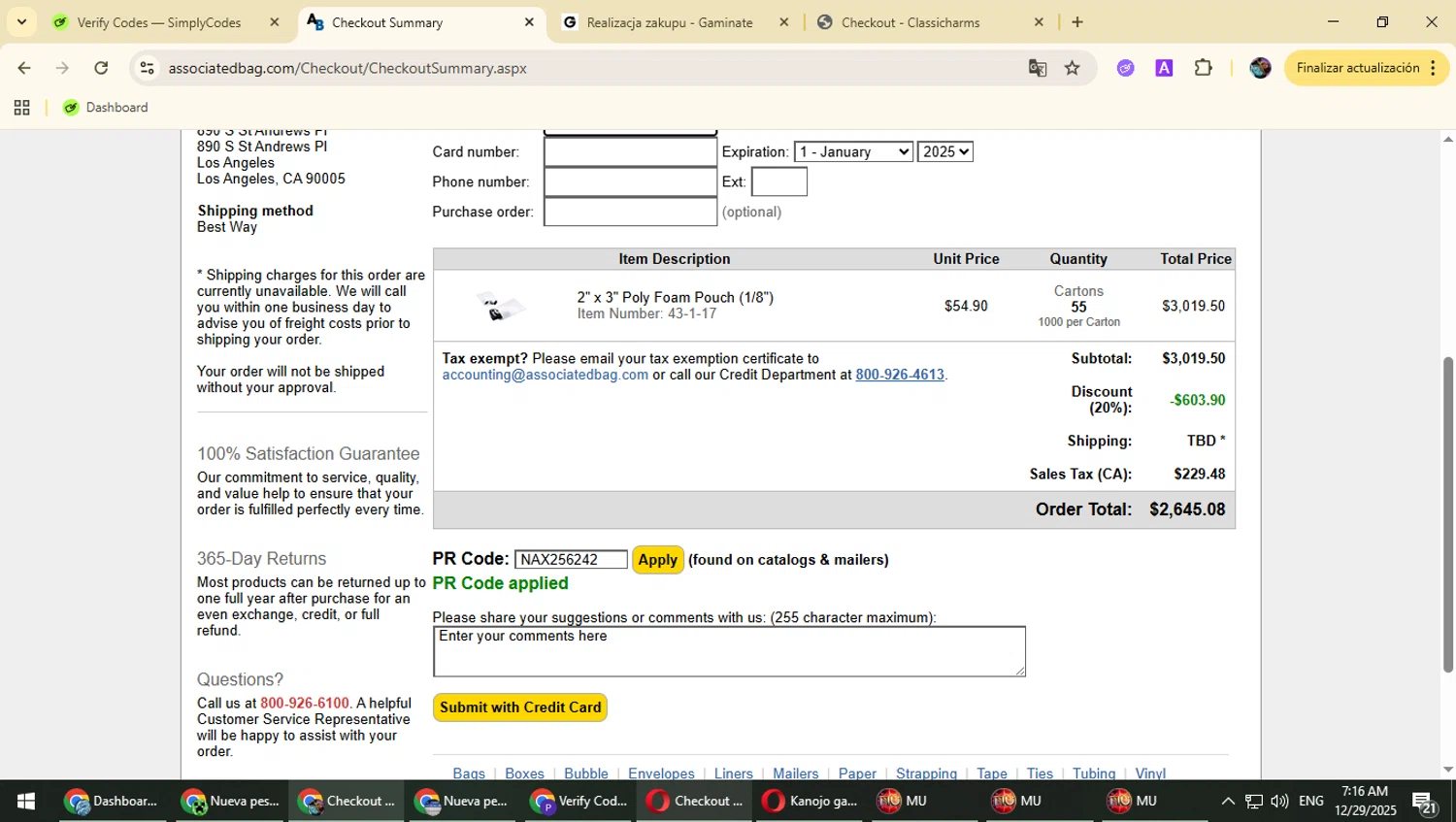 Associated Bag promo code screenshot showing code NAX256242 applied at Associated Bag checkout page. Uploaded by SimplyCodes community member Suicune on Dec 29, 2025