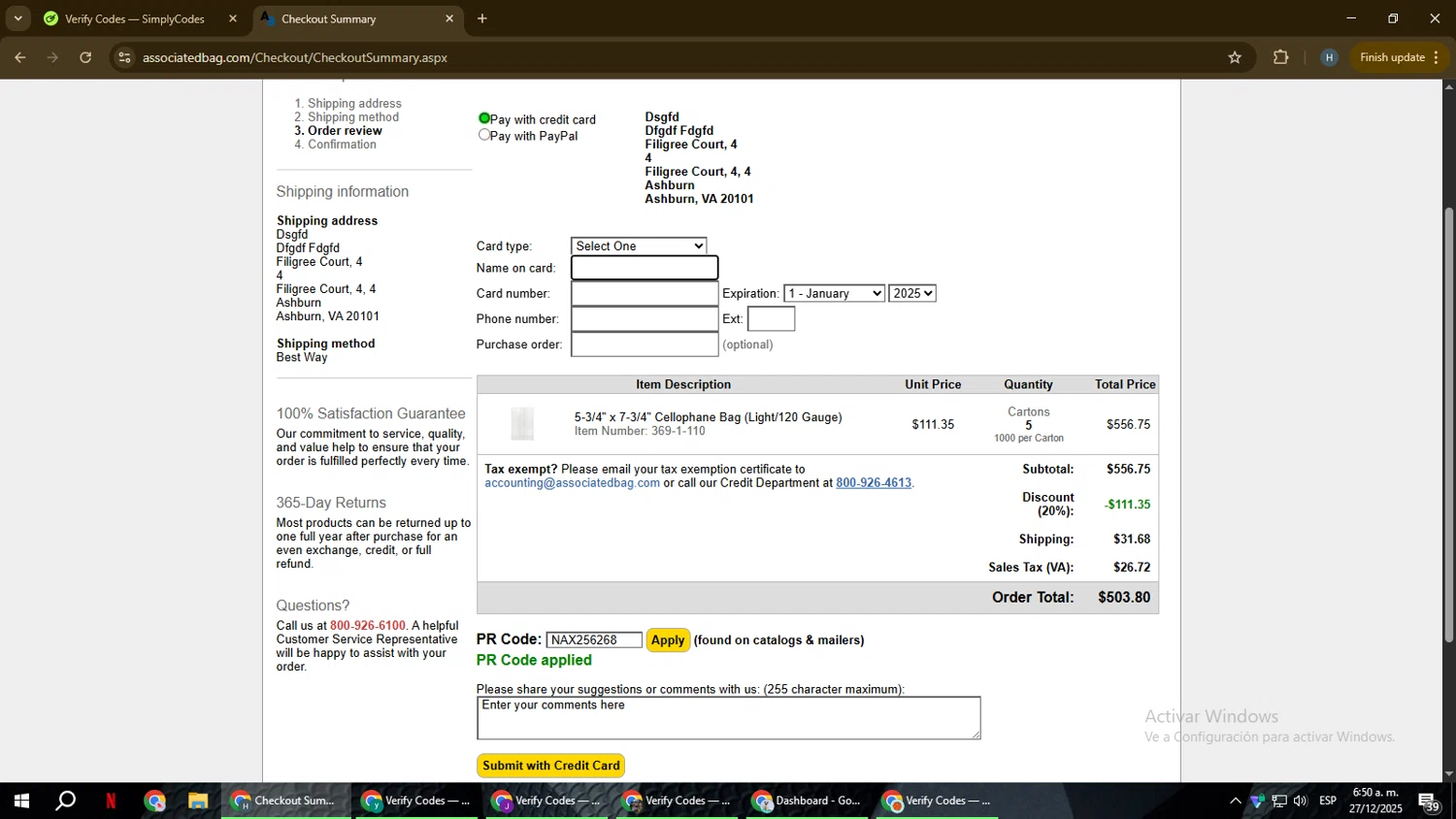 Associated Bag promo code screenshot showing code NAX256268 applied at Associated Bag checkout page. Uploaded by SimplyCodes community member YAMAHA on Dec 27, 2025