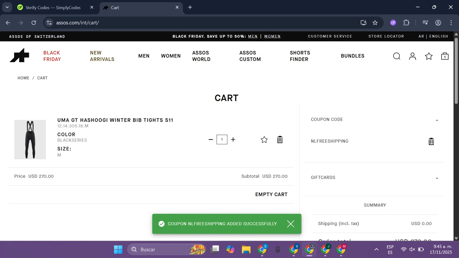 ASSOS coupon code screenshot showing code NLFREESHIPPING applied at ASSOS checkout page. Uploaded by SimplyCodes community member SmartLegend506 on Nov 17, 2025