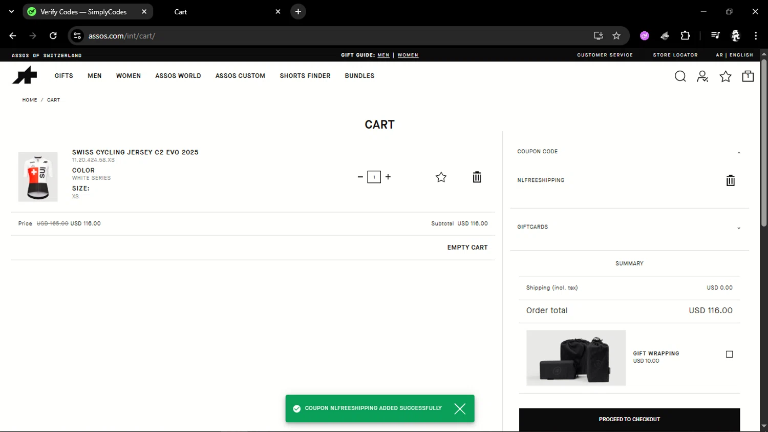 ASSOS coupon code screenshot showing code NLFREESHIPPING applied at ASSOS checkout page. Uploaded by SimplyCodes community member elduko on Dec 21, 2025