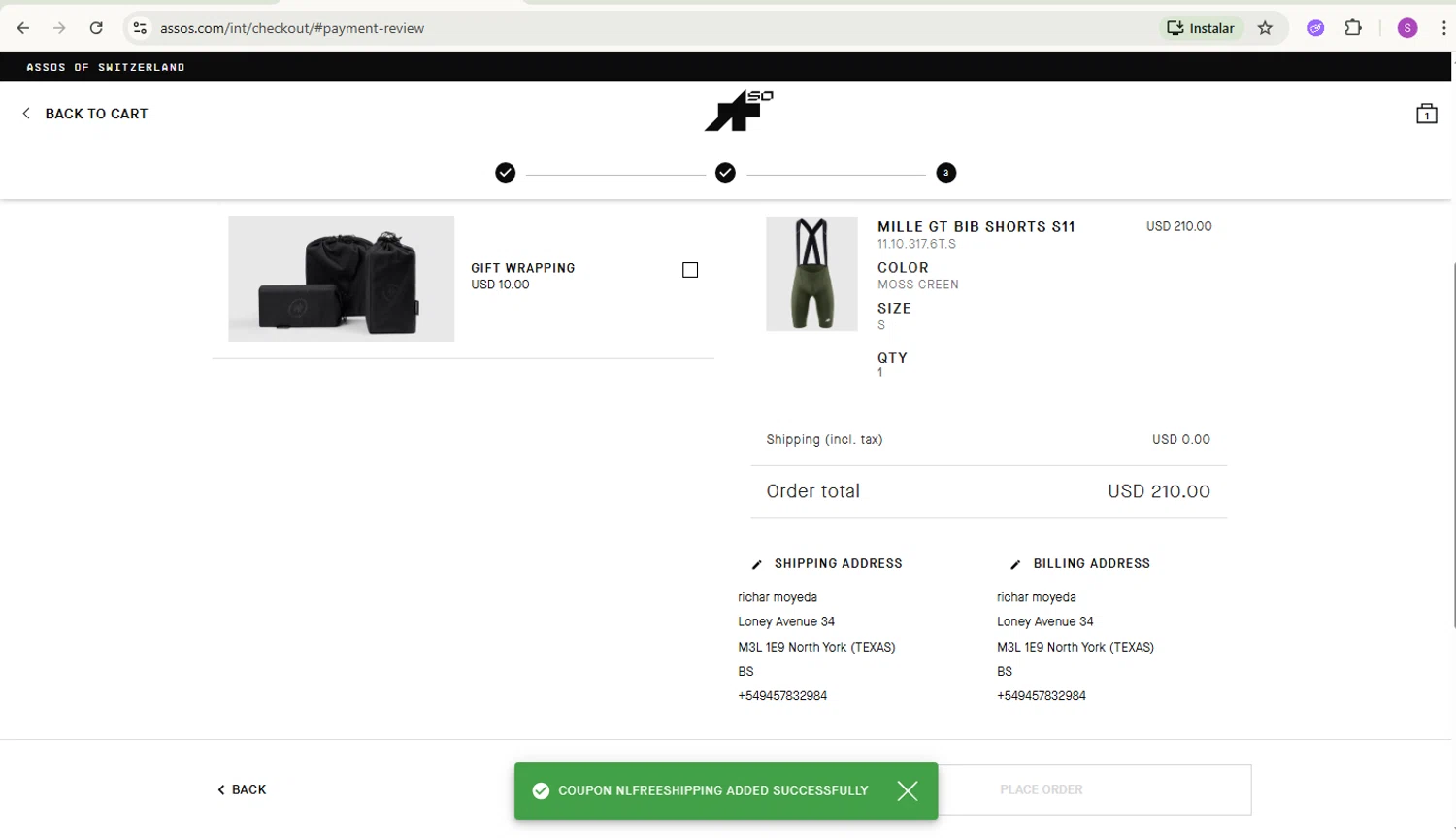 ASSOS checkout page showing ASSOS coupon code box | Screenshot taken by SimplyCodes community member on Feb 18, 2026