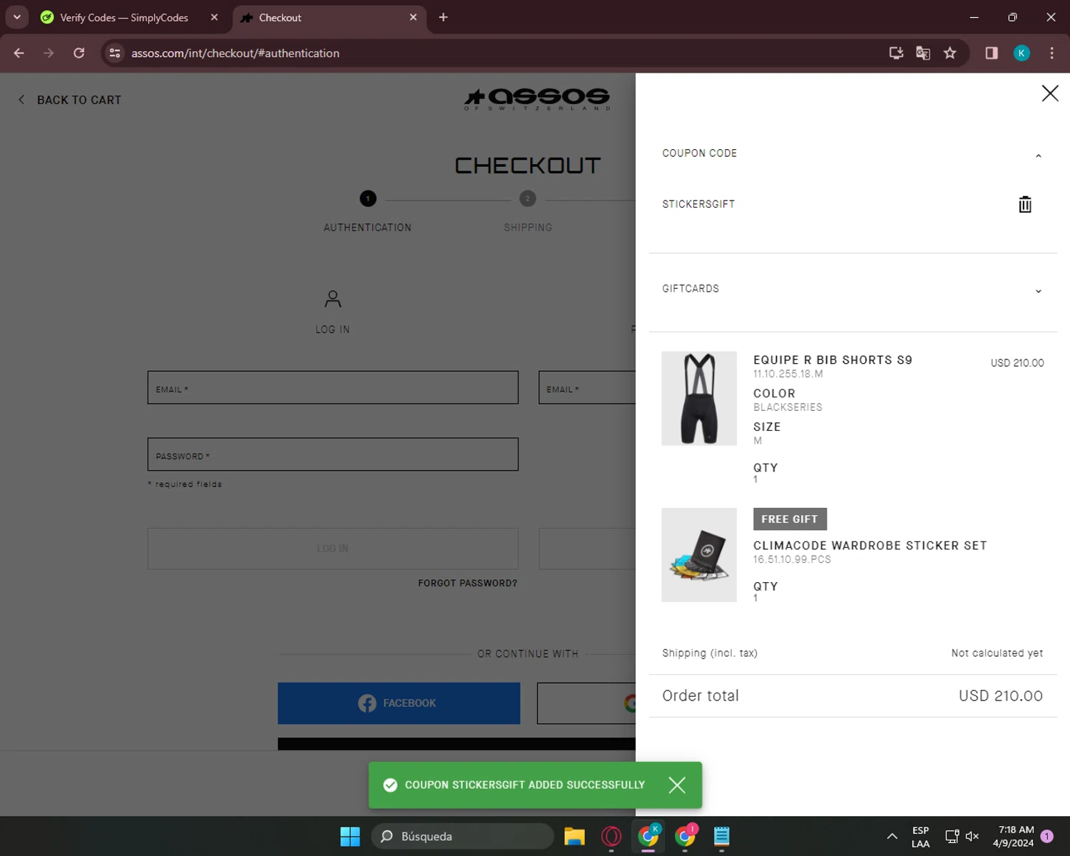 ASSOS checkout page showing ASSOS coupon code box | Screenshot taken by SimplyCodes community member on Apr 9, 2024