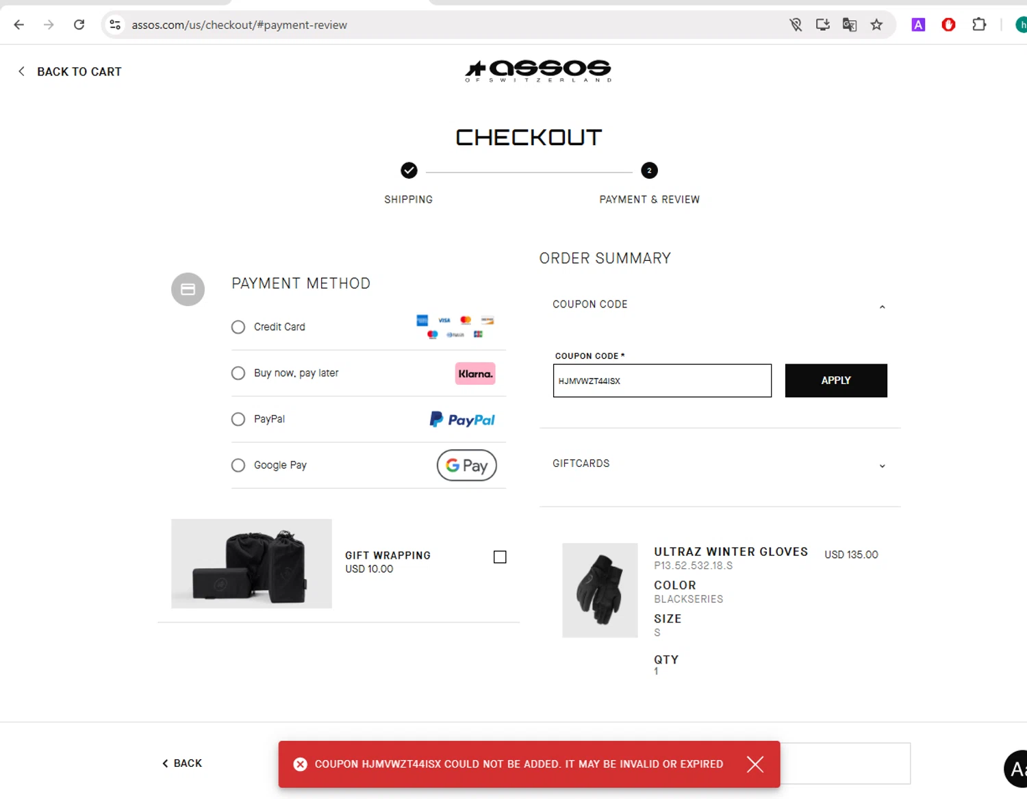 ASSOS coupon code screenshot showing code HJMVWZT44ISX applied at ASSOS checkout page. Uploaded by SimplyCodes community member VictoriousGuardian220 on Jan 22, 2025