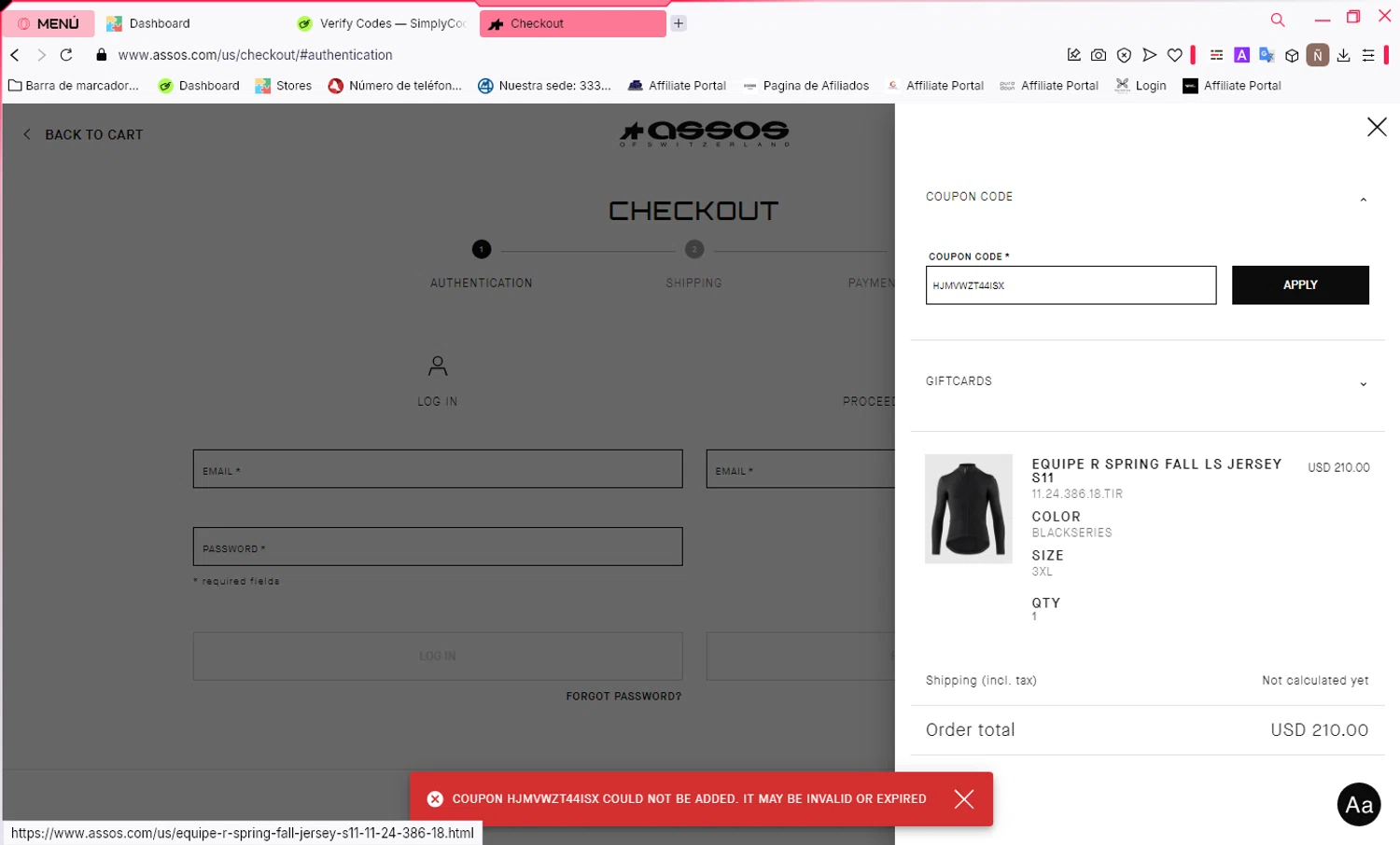ASSOS coupon code screenshot showing code HJMVWZT44ISX applied at ASSOS checkout page. Uploaded by SimplyCodes community member PrimeShopper9739 on Feb 26, 2025