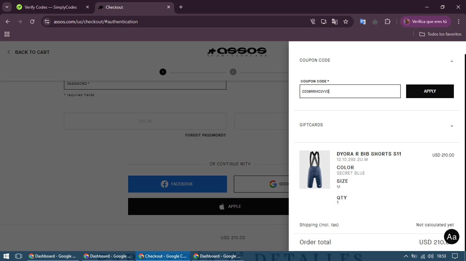 ASSOS coupon code screenshot showing code CD3BR6MC3VVD applied at ASSOS checkout page. Uploaded by SimplyCodes community member royershumberto on Feb 26, 2025