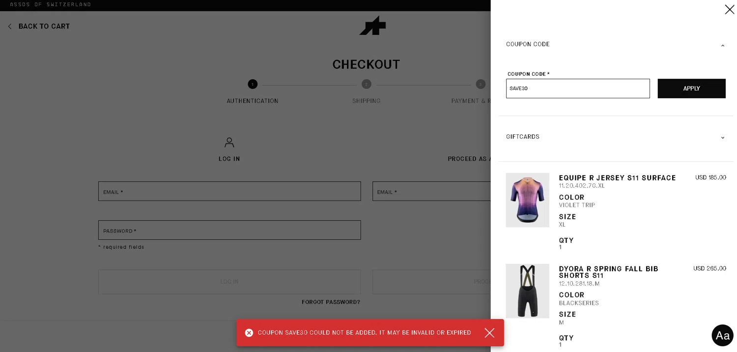 ASSOS coupon code screenshot showing code save30 applied at ASSOS checkout page. Uploaded by SimplyCodes community member BargainPhoenix231 on Nov 29, 2025