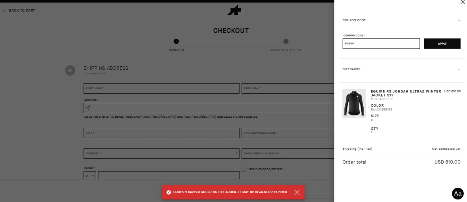 ASSOS coupon code screenshot showing code save30 applied at ASSOS checkout page. Uploaded by SimplyCodes community member JannyiseaN on Nov 29, 2025
