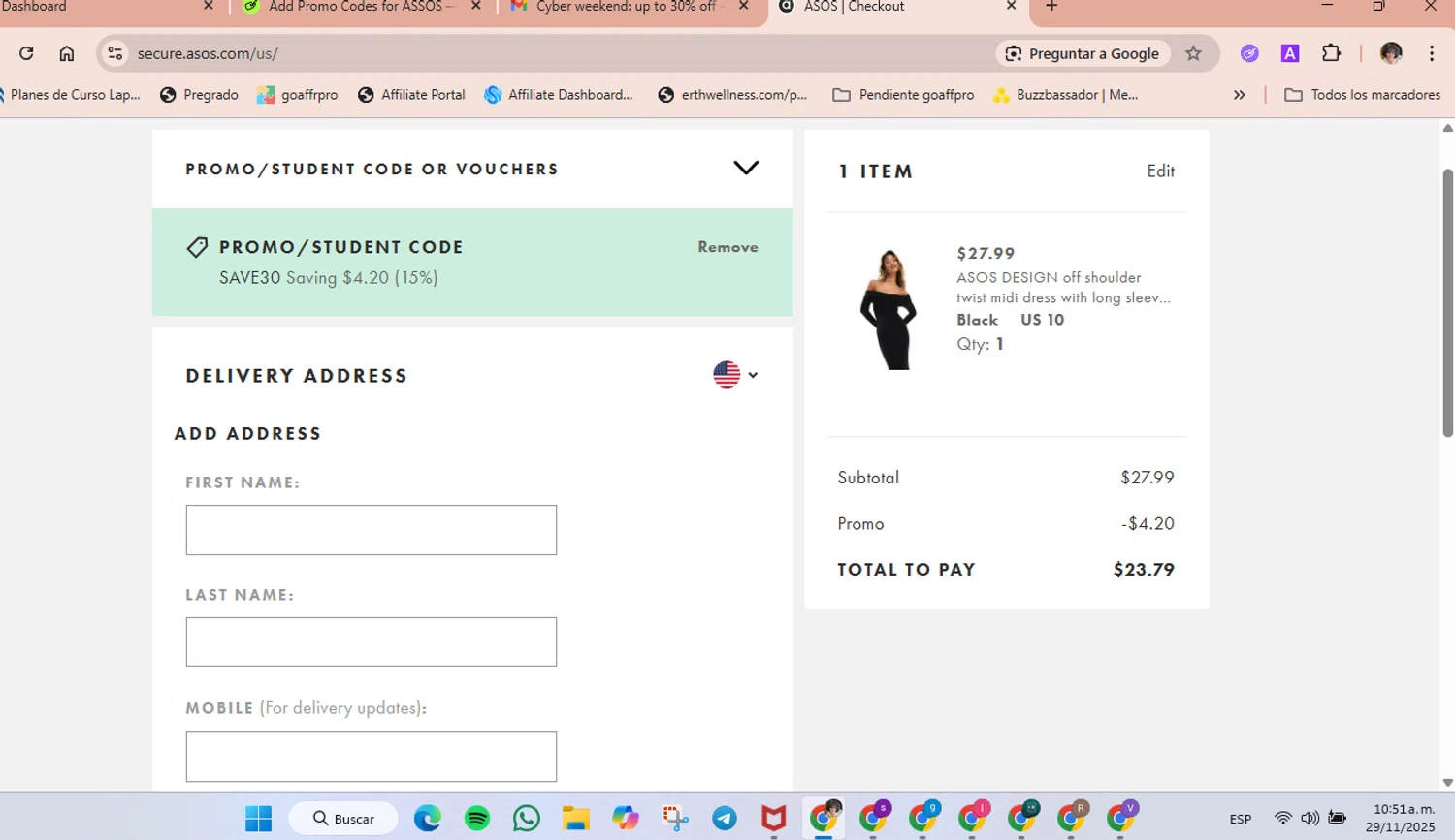 ASSOS coupon code screenshot showing code save30 applied at ASSOS checkout page. Uploaded by SimplyCodes community member luisaballera on Nov 29, 2025