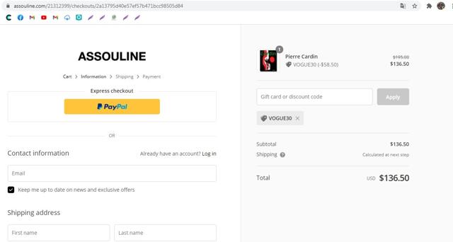 Assouline checkout page showing Assouline discount code box | Screenshot taken by SimplyCodes community member on Dec 11, 2020