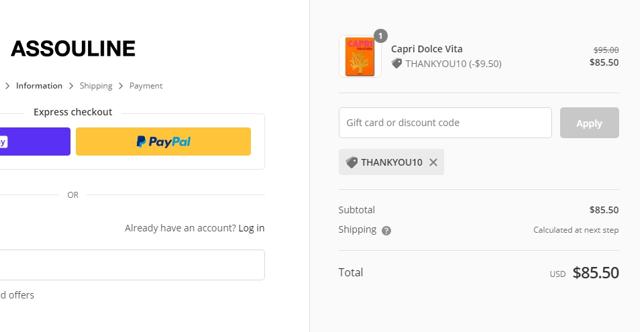 Assouline checkout page showing Assouline discount code box | Screenshot taken by SimplyCodes community member on Dec 6, 2021