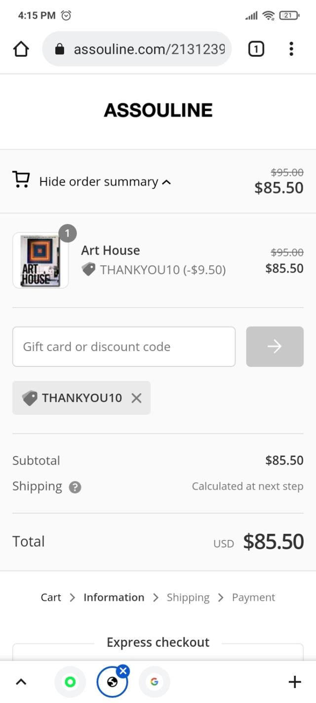 Assouline checkout page showing Assouline discount code box | Screenshot taken by SimplyCodes community member on Sep 29, 2021