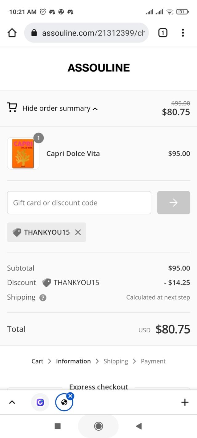 Assouline checkout page showing Assouline discount code box | Screenshot taken by SimplyCodes community member on Feb 20, 2022