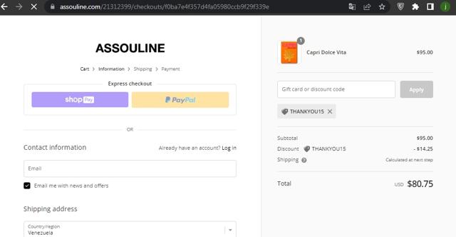 Assouline checkout page showing Assouline discount code box | Screenshot taken by SimplyCodes community member on Mar 27, 2022