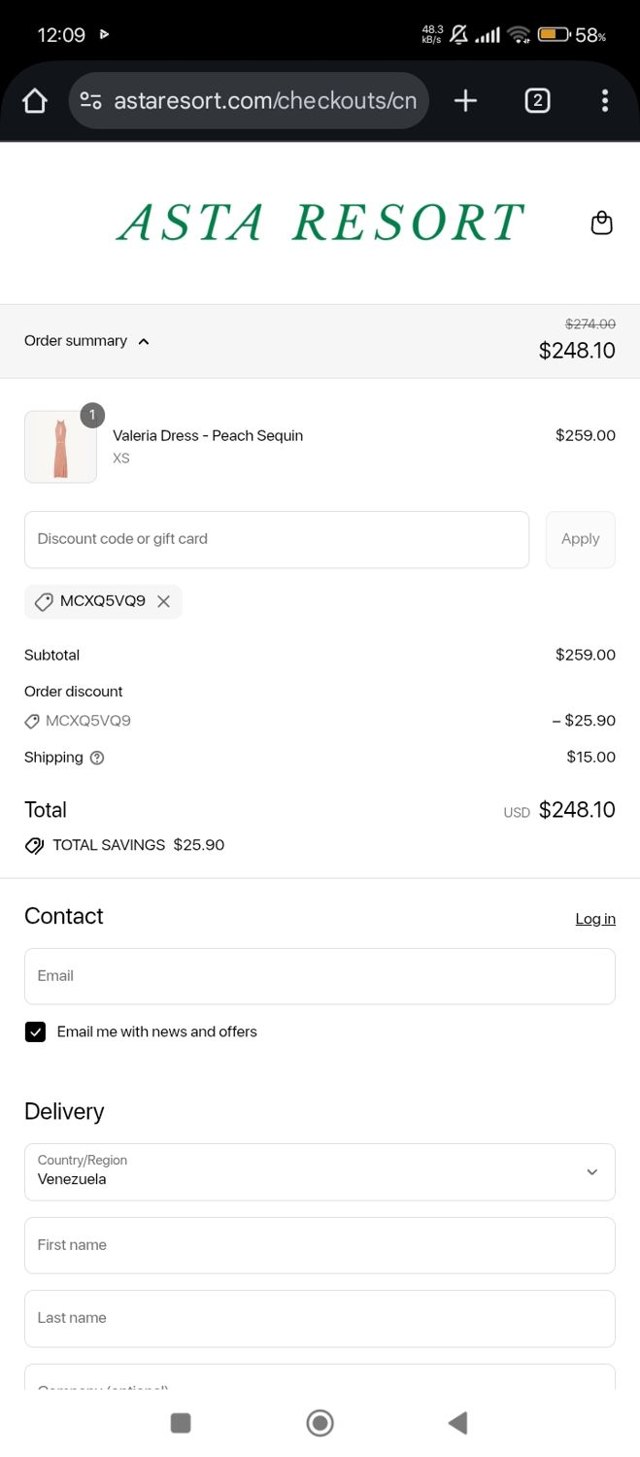 Asta Resort checkout page showing Asta Resort discount code box | Screenshot taken by SimplyCodes community member on Aug 16, 2025
