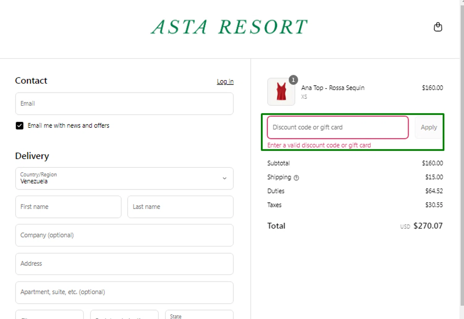Asta Resort discount code screenshot showing code MCXQ5VQ9 applied at Asta Resort checkout page. Uploaded by SimplyCodes community member cristobalpescueso on Aug 17, 2025