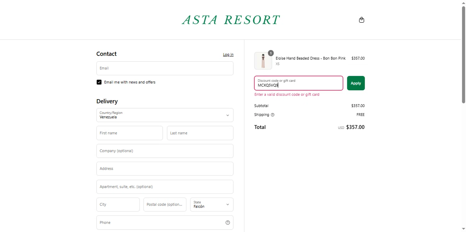 Asta Resort discount code screenshot showing code MCXQ5VQ9 applied at Asta Resort checkout page. Uploaded by SimplyCodes community member the_loose_cannon on Aug 17, 2025
