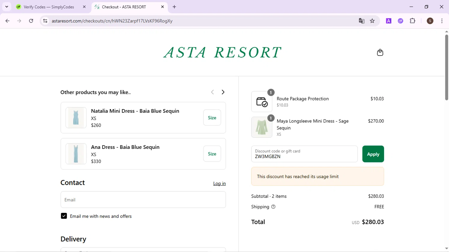 Asta Resort discount code screenshot showing code ZW3MGBZN applied at Asta Resort checkout page. Uploaded by SimplyCodes community member QuestPhoenix2794 on Aug 21, 2025